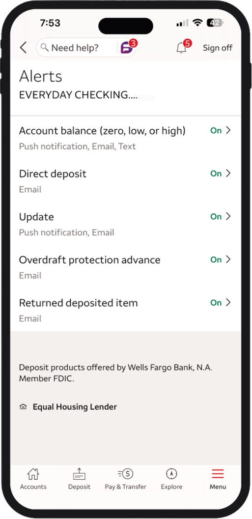 Alert list for a checking account with masked account number