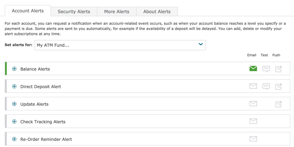 Early version of the Account Tile redesign showing an accordion-style list of alert types with email, text, and push delivery icons