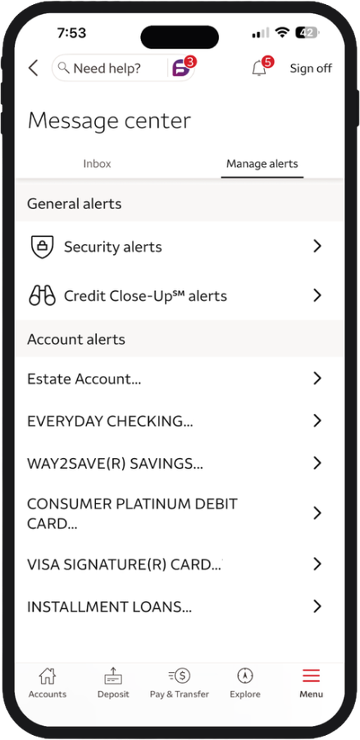 Message center Manage alerts tab showing general and account-level alert categories