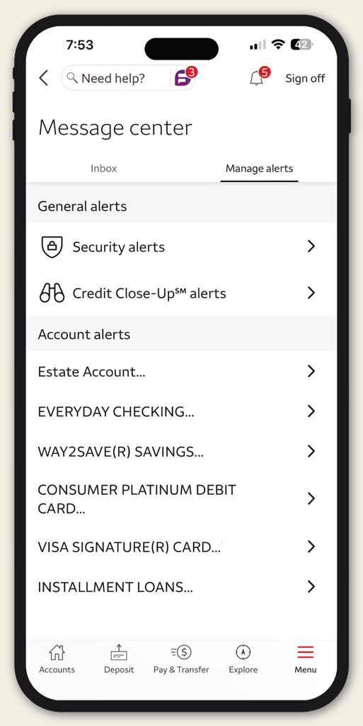 Wells Fargo Inbox and Alerts Center mobile screen