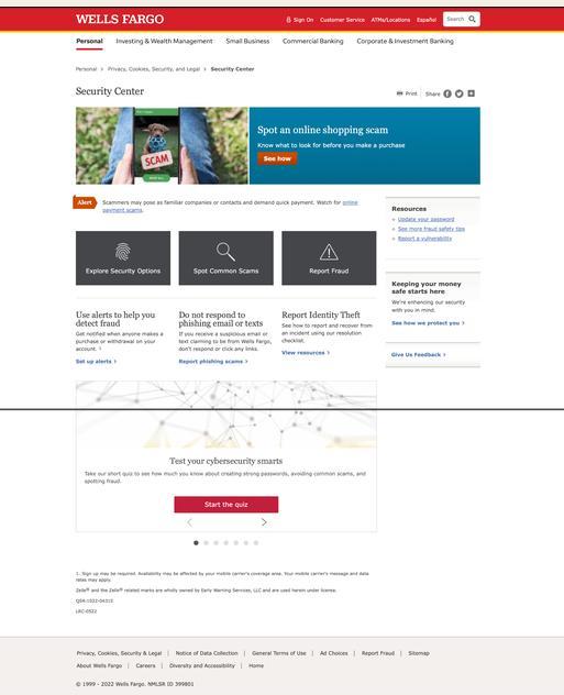 The original desktop Wells Fargo Security Center page before the redesign, with a static promo banner and a grid of link tiles