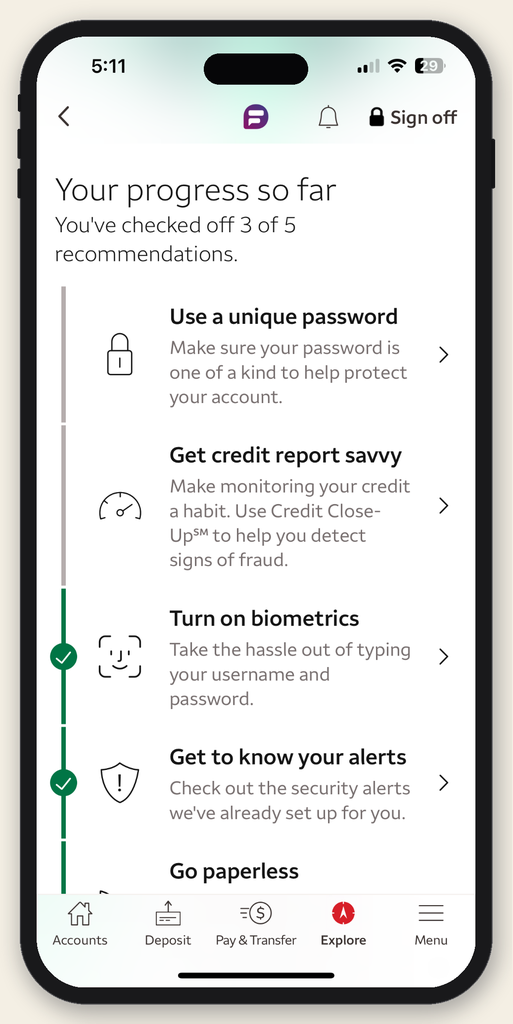 Progress screen showing 3 of 5 security recommendations completed, with a vertical checklist
