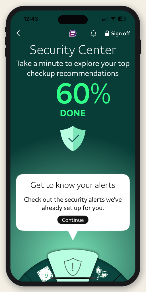 Checkup recommendation card prompting the customer to review their existing security alerts