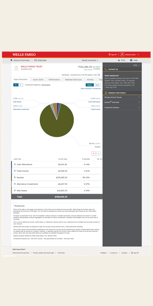 Trust Services Asset Allocation detail screen with sector breakdown and asset type table